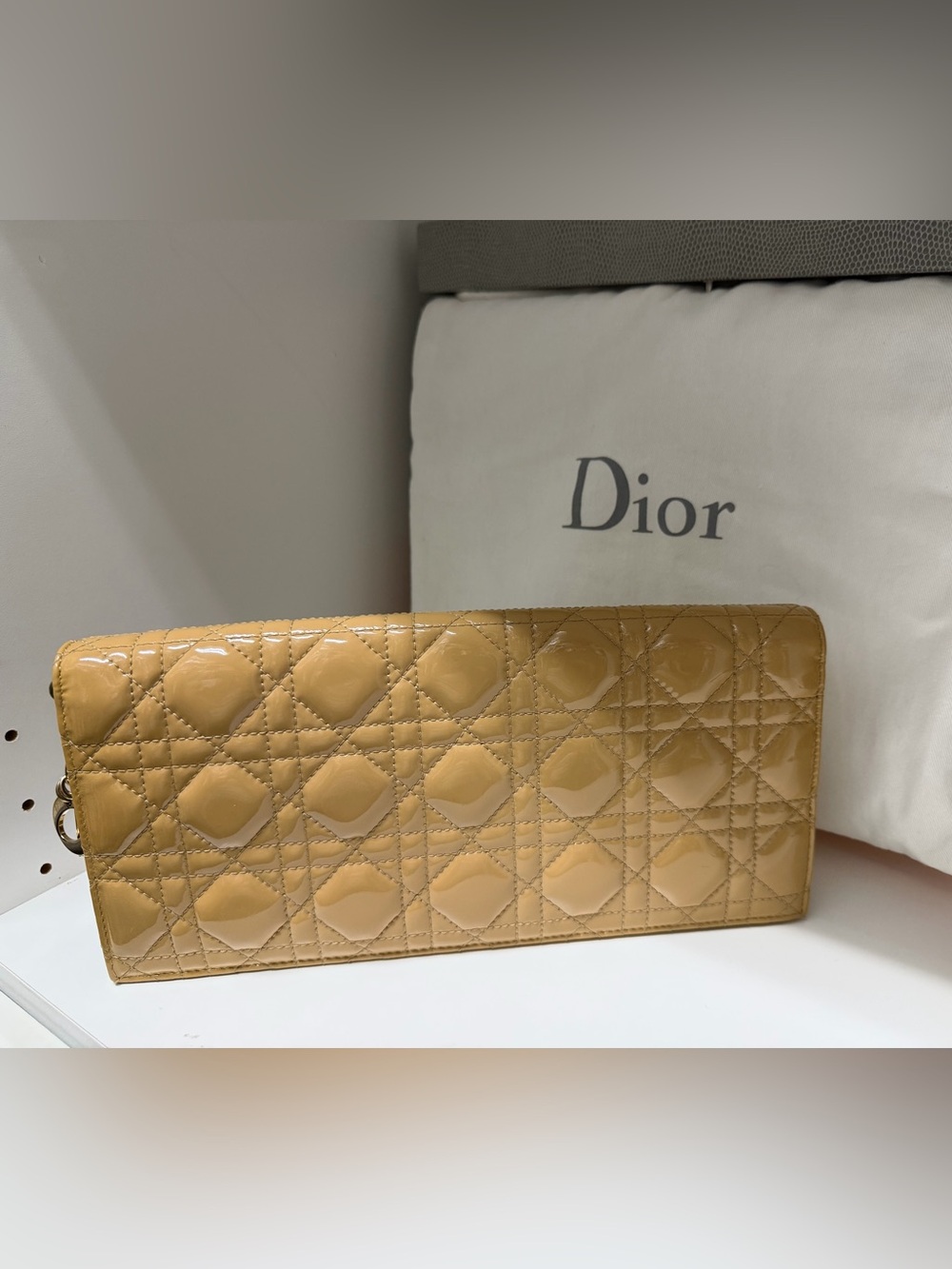 Christian Dior Patent Cannage
Lady Dior Convertible Clutch in
Beige